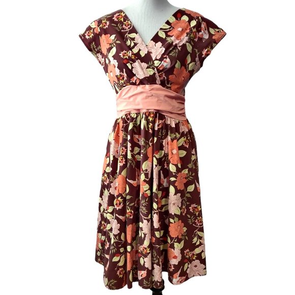 Folter Womens Brown Pink Floral Bird Crossover Bust Flare Skirt Retro Dress L - Picture 2 of 10